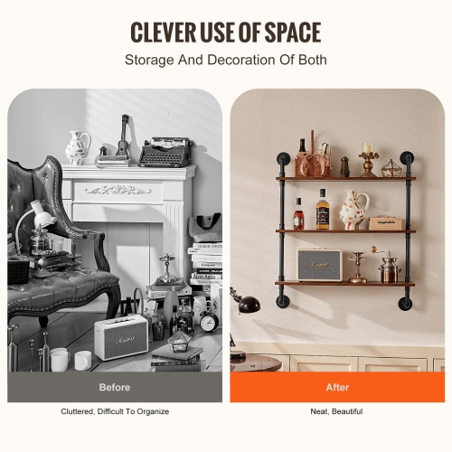 VEVOR 32x7.87in Industrial Pipe Shelf, 3 Tier Wall-Mount Floating Rustic Wood Shelves Bracket Display Bookshelf, Storage Rack Sundries Holder for