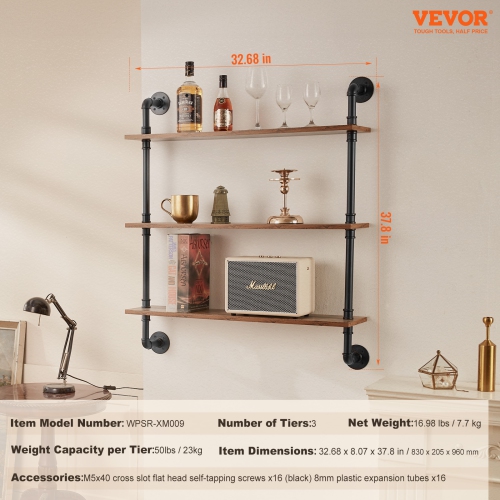 VEVOR 32x7.87in Industrial Pipe Shelf, 3 Tier Wall-Mount Floating Rustic Wood Shelves Bracket Display Bookshelf, Storage Rack Sundries Holder for