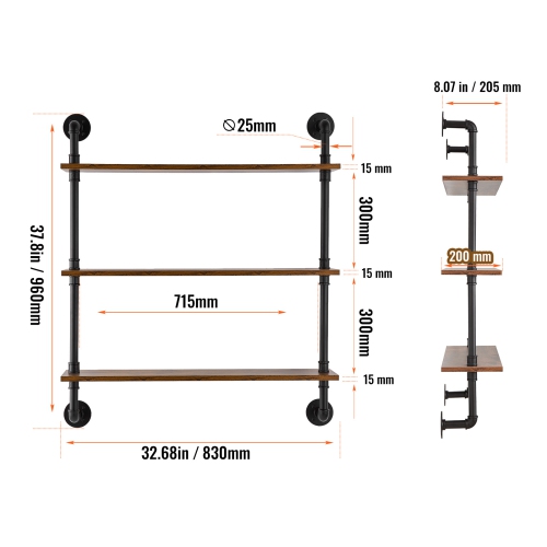 VEVOR 32x7.87in Industrial Pipe Shelf, 3 Tier Wall-Mount Floating Rustic Wood Shelves Bracket Display Bookshelf, Storage Rack Sundries Holder for