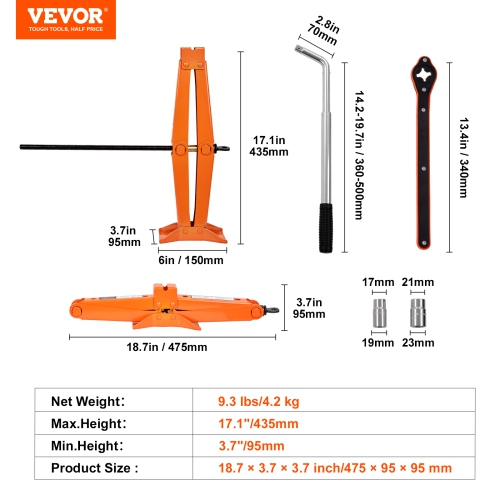 VEVOR Scissor Jack, 2.5Ton/5512 lbs Scissor Car Jack, 3.7"-17.1" Lifting Range Scissor Lift Jack with Ratcheting Handle and L-Wrench, Portable Tire