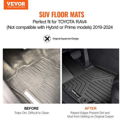 VEVOR Automotive Floor Mats, Fits for Toyota RAV4 2019-2024, 3 pcs Front and 2nd Row Liners, All Weather Custom Fit TPE Vehicle Floor Mats, for SUV,