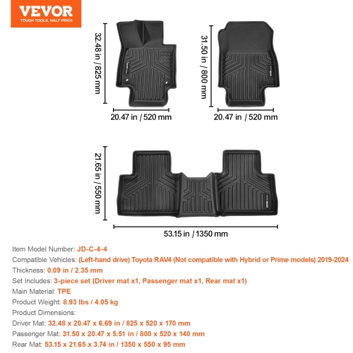 VEVOR Automotive Floor Mats, Fits for Toyota RAV4 2019-2024, 3 pcs Front and 2nd Row Liners, All Weather Custom Fit TPE Vehicle Floor Mats, for SUV,