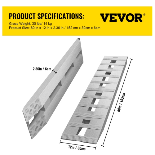 VEVOR 60" X 12" Aluminum Trailer Ramps 6000LBS Total Beavertail Hook End 1 Pair 2 Ramps