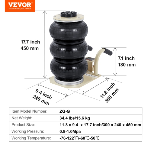 VEVOR Air Jack, 3 Ton/6600 lbs Triple Bag Air Jack, Airbag Jack with Six Steel Pipes, Lift up to 17.7 inch/450 mm, 3-5 s Fast Lifting Pneumatic Jack,