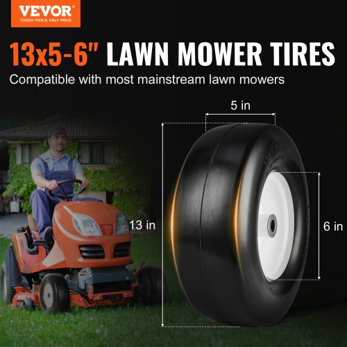 VEVOR Lawn Mower Tires with Rim, 13x5-6" Tubeless Tractor Tires, 2-Pack Tire and Wheel Assembly, Flat-free PU Tires, 3.25"-5.9" Centered Hub, 3/4"