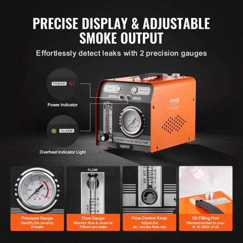 VEVOR Automotive Smoke Machine Leak Detector, EVAP Smoke Machine Leak Tester with Built-in Air Pump, Pressure Gauge&Flow Meter, Dual-Mode Diagnostic