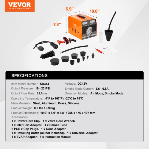 VEVOR Automotive Smoke Machine Leak Detector, EVAP Smoke Machine Leak Tester with Built-in Air Pump & Pressure Gauge, Dual-Mode Diagnostic Leak