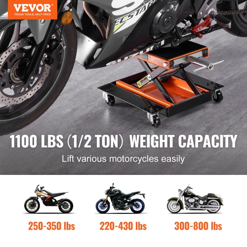 VEVOR Motorcycle Lift, 1100 LBS Motorcycle Lift ATV Scissor Lift Jack with Dolly & Hand Crank, Center Hoist Crank Stand with Wide Deck & Tool Tray