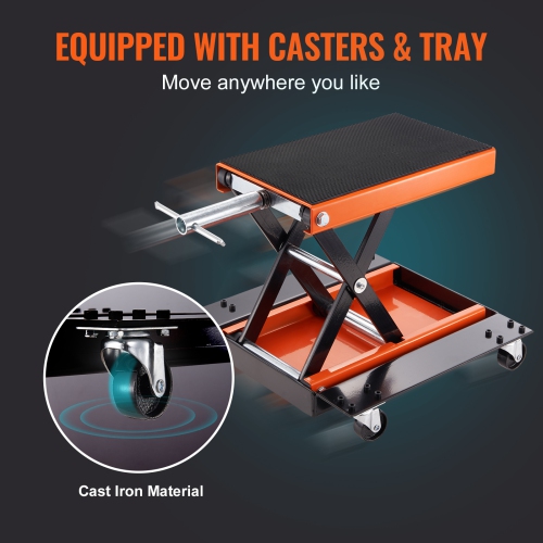 VEVOR Motorcycle Lift, 1100 LBS Motorcycle Lift ATV Scissor Lift Jack with Dolly & Hand Crank, Center Hoist Crank Stand with Wide Deck & Tool Tray