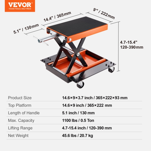 VEVOR Motorcycle Lift, 1100 LBS Motorcycle Lift ATV Scissor Lift Jack with Dolly & Hand Crank, Center Hoist Crank Stand with Wide Deck & Tool Tray