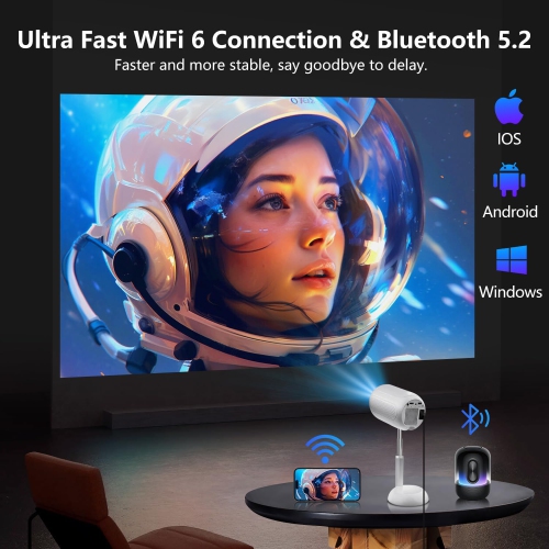 Mini Smart Projector with Wifi & Bluetooth,HD 1080P Outdoor Movie Projector with Stand,90°Adjustable Portable Android Projector