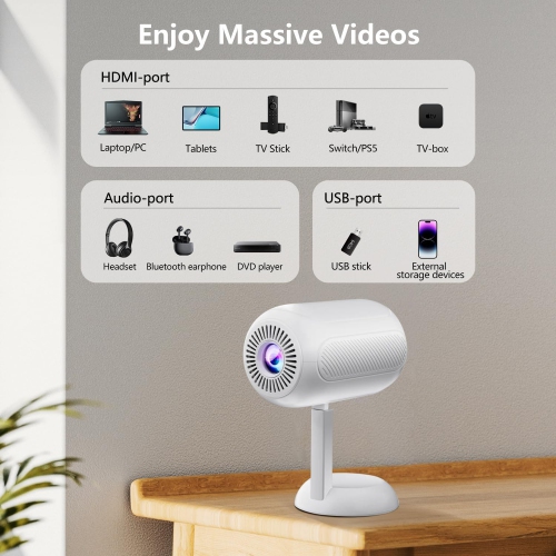 Mini Smart Projector with Wifi & Bluetooth,HD 1080P Outdoor Movie Projector with Stand,90°Adjustable Portable Android Projector