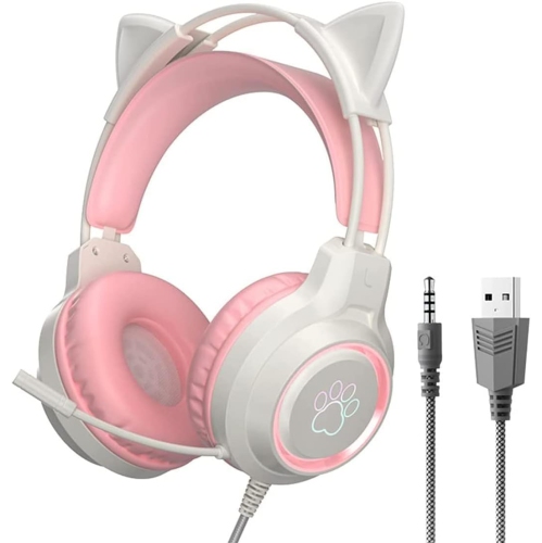 [Sweetheart Pink] Casque d'écoute pour chat LED｜50&nbsp;mm Unité magnétique forte｜Lumière respiratoire dynamique｜Coeur pour fille｜Cadeau
