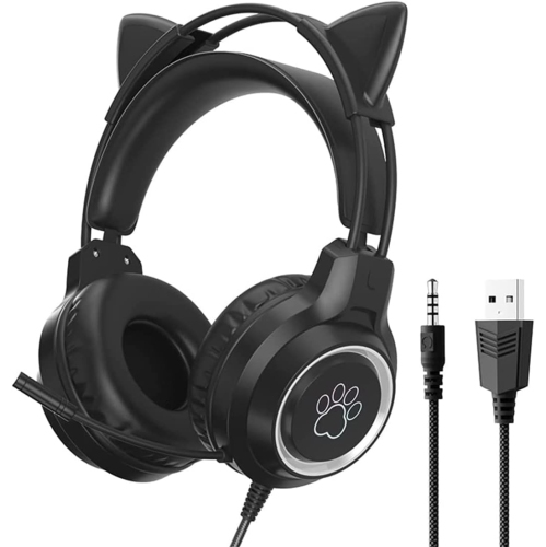 [Dark Night Black] Gaming Cat Ear Headset｜3D Surround Sound｜Floating Headband｜Professional-grade Microphone｜Same Equipment as the Anchor