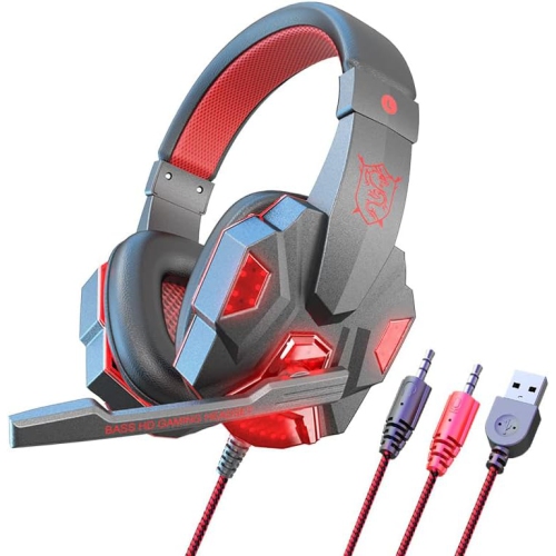 Wired headphones with soft earmuffs, gaming headset with noise cancelling microphone, LED light, stereo surround sound