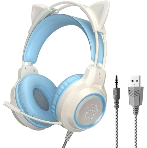 GREEN SCENIC  [Dream Blue] Cat Ear Gaming Headset｜3.5Mm/USB Dual Mode｜Colorful Gradient Led｜360° Noise Cancelling Microphone｜Multi-Platform