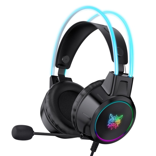 Over-ear headphones with noise cancelling mic and breathable ear pads, bass surround sound and glowing LED lights, gaming headset for laptops