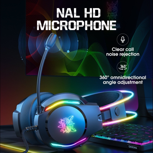 Over-ear headphones with noise cancelling mic and breathable ear pads, bass surround sound and glowing LED lights, gaming headset for laptops