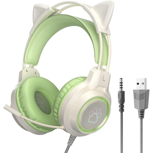 GREEN SCENIC  [Mint Green] Cat Ear Gaming Headset｜2M Braided Cable｜Removable Cat Ears｜Protein Leather Earmuffs｜Valentine's Day Limited Gift Box