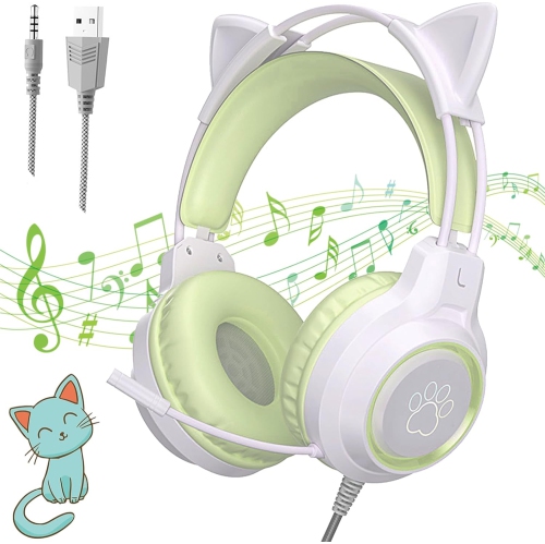 [Mint Green] Cat Ear Gaming Headset｜2m Braided Cable｜Removable Cat Ears｜Protein Leather Earmuffs｜Valentine's Day Limited Gift Box