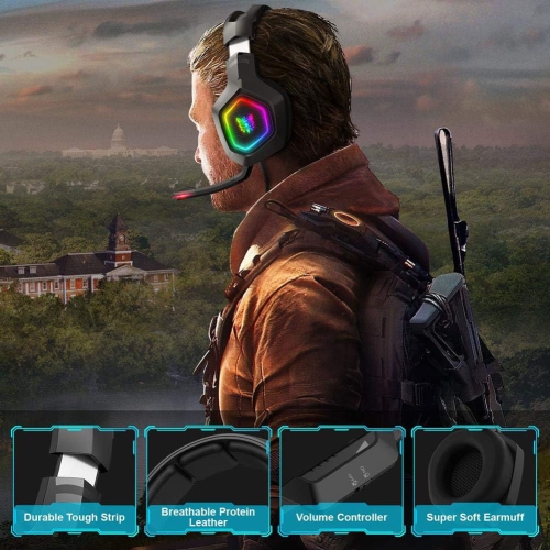 Professional Gaming Headset, RGB Lighting 3.5mm Wired Over-Ear Headset with LED Mic for PC, Laptop, PS4, Smartphone