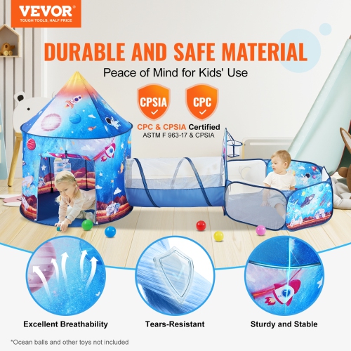 VEVOR 3 in 1 Kids Play Tent with Tunnel for Boys, Girls, Babies and Toddlers, Indoor/Outdoor Pop Up Playhouse with Carrying Bag & Banding Straps