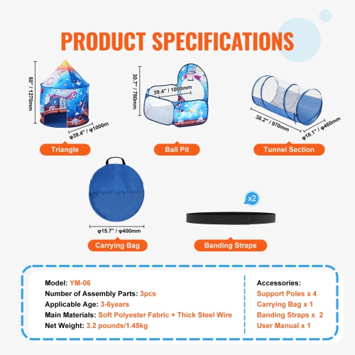 VEVOR 3 in 1 Kids Play Tent with Tunnel for Boys, Girls, Babies and Toddlers, Indoor/Outdoor Pop Up Playhouse with Carrying Bag & Banding Straps