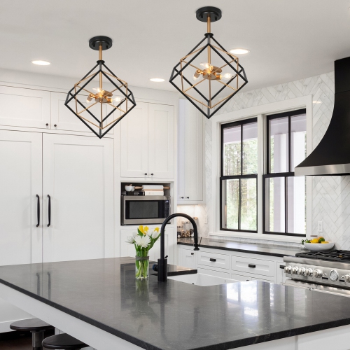 3-light black and brass cage chandelier