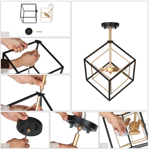 3-light black and brass cage chandelier