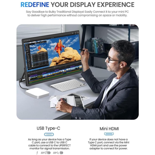 Moniteur portatif 120 Hz 21,5 po UPERFECT avec béquille et grand moniteur de jeu portatif VESA avec HDMI type C, moniteur portatif externe