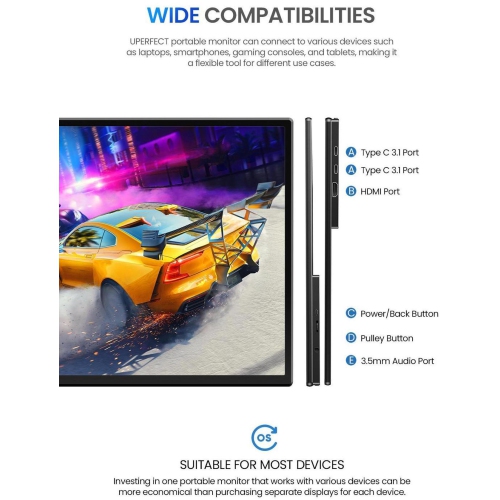 Moniteur portatif 120 Hz 21,5 po UPERFECT avec béquille et grand moniteur de jeu portatif VESA avec HDMI type C, moniteur portatif externe