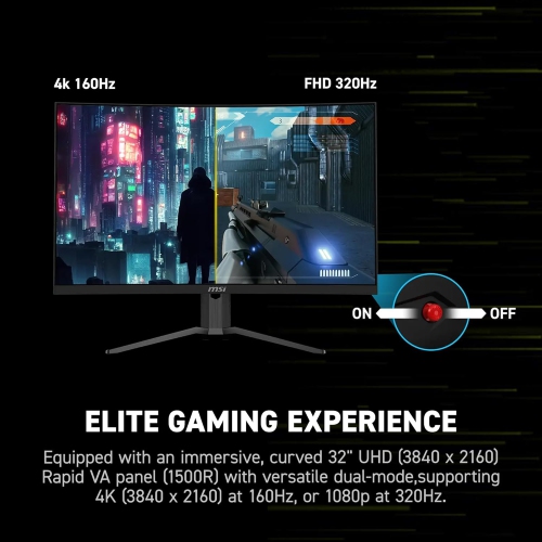 MSI 31.5" 3840 x 2160 Dual mode 160Hz UHD / 320Hz FHD 0.5ms (GTG) Curved Rapid VA HDMI™ 2.1 Gaming Monitor Tilt Height adjustable (MAG 321CUPDF)