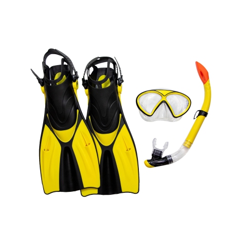 Image 1 de 2.. Ensemble de plongée avec tuba Thermotech et sac en filet pour jeunes et adultes - aileron taille 6-8