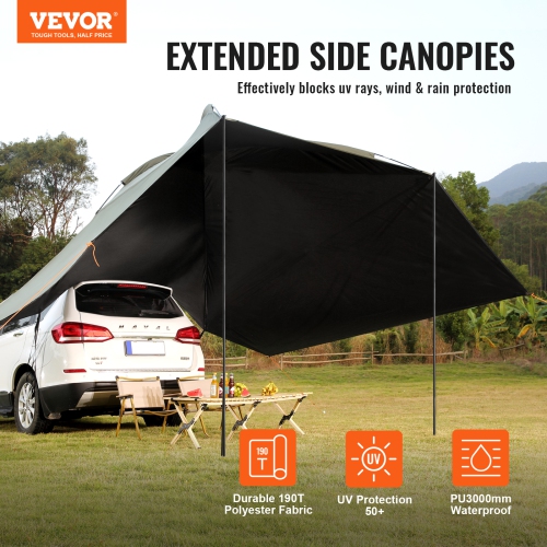 VEVOR 10' x 7' Vehicle Awning, Shade Coverage Car Side Awning, PU2000mm UV50+ Car Awning with Extended Side Canopies and Portable Storage Bag,