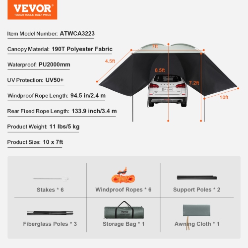 VEVOR 10' x 7' Vehicle Awning, Shade Coverage Car Side Awning, PU2000mm UV50+ Car Awning with Extended Side Canopies and Portable Storage Bag,