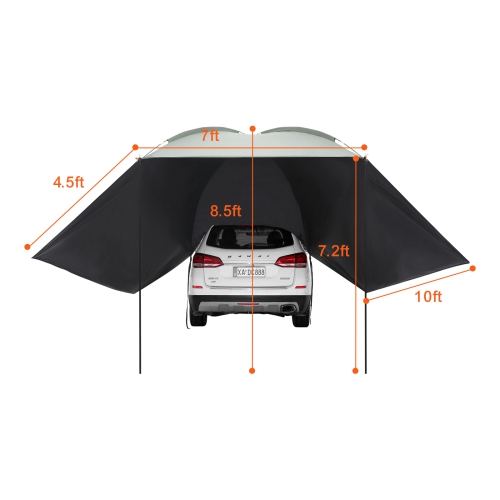VEVOR 10' x 7' Vehicle Awning, Shade Coverage Car Side Awning, PU2000mm UV50+ Car Awning with Extended Side Canopies and Portable Storage Bag,