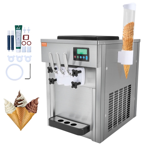 VEVOR 1800W Ice Cream Machine, 21 QT/H Yield, 3-Flavor Countertop Soft Serve Ice Cream Maker,2 x 4L Hopper 2 x 1.8L Cylinder, LCD Panel Clean