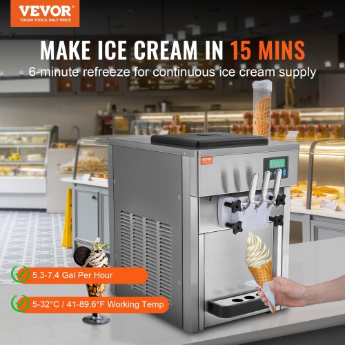VEVOR 1800W Ice Cream Machine, 21 QT/H Yield, 3-Flavor Countertop Soft Serve Ice Cream Maker,2 x 4L Hopper 2 x 1.8L Cylinder, LCD Panel Clean
