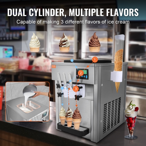 VEVOR 1800W Ice Cream Machine, 21 QT/H Yield, 3-Flavor Countertop Soft Serve Ice Cream Maker,2 x 4L Hopper 2 x 1.8L Cylinder, LCD Panel Clean
