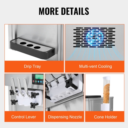 VEVOR 1800W Ice Cream Machine, 21 QT/H Yield, 3-Flavor Countertop Soft Serve Ice Cream Maker,2 x 4L Hopper 2 x 1.8L Cylinder, LCD Panel Clean