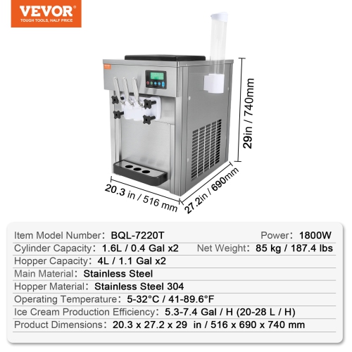 VEVOR 1800W Ice Cream Machine, 21 QT/H Yield, 3-Flavor Countertop Soft Serve Ice Cream Maker,2 x 4L Hopper 2 x 1.8L Cylinder, LCD Panel Clean