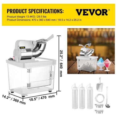 VEVOR 110V Commercial Ice Crusher 440LBS/H, ETL Approved 300W Snow Cone Machine with Dual Blades, Stainless Steel Shaved Ice Machine with Safety
