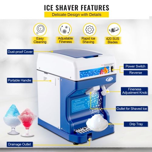 VEVOR 110V Electric Shaved Ice Machine 250W Snow Cone Maker Tabletop with Adjustable Ice Texture, Ice Shaving Machine 265LBs/hr for Home and