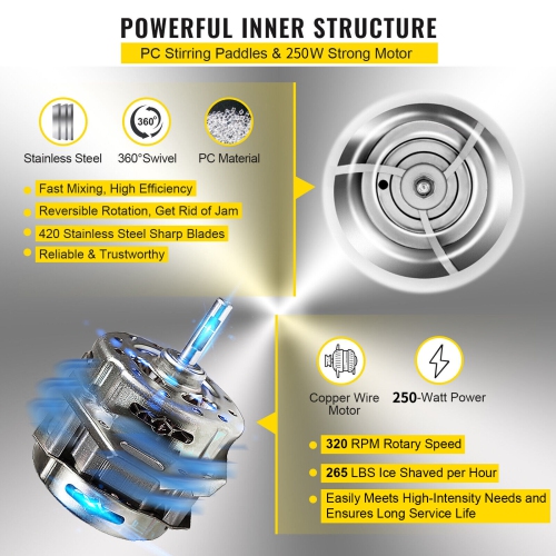 VEVOR 110V Electric Shaved Ice Machine 250W Snow Cone Maker Tabletop with Adjustable Ice Texture, Ice Shaving Machine 265LBs/hr for Home and