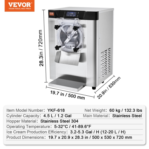 VEVOR 1713W Ice Cream Machine,12 L/H Yield, Flavor Countertop Hard Serve Ice Cream Maker, 4.5L Stainless Steel Cylinder, LED Panel Auto Clean