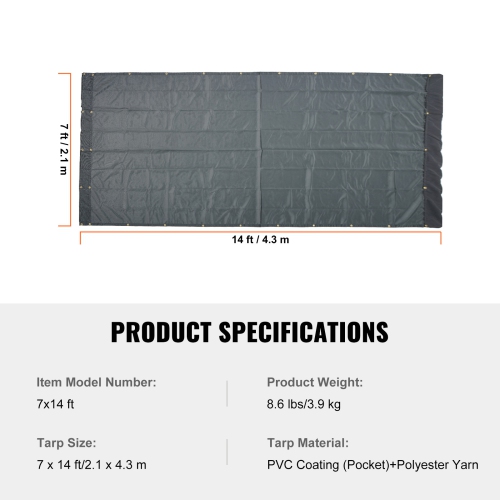 VEVOR 7 x 14 ft Dump Truck Mesh Tarp, PVC Coated Black Heavy Duty Cover with 5.5" 18oz Double Pocket, Brass Grommets, Double Needle Stitch Webbing