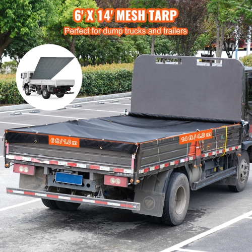 VEVOR 6 x 14 ft Dump Truck Mesh Tarp, PVC Coated Black Heavy Duty Cover with 5.5" 18oz Double Pocket, Reinforced Double Needle Stitch Webbing Fits
