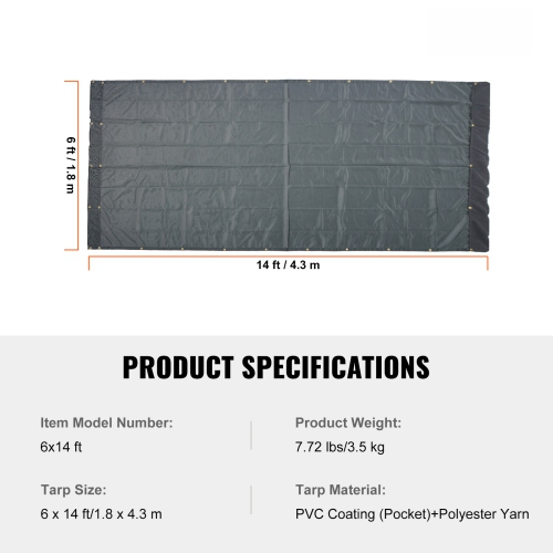 VEVOR 6 x 14 ft Dump Truck Mesh Tarp, PVC Coated Black Heavy Duty Cover with 5.5" 18oz Double Pocket, Reinforced Double Needle Stitch Webbing Fits