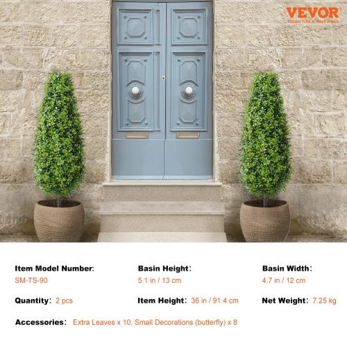 VEVOR 36 inch Artificial Boxwood Topiary Tree, Tall, Faux Topiary Trees, Green Faux Plant w/ Extra Leaves & Pot & Small Decoration, UV Rated Greenery