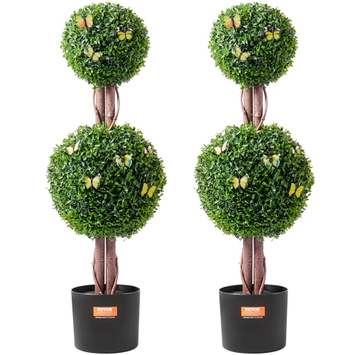 VEVOR  48 Inch Artificial Boxwood Topiary Tree, Tall (2 Pieces), Double Ball Faux Topiary Trees, Faux Plant W/ Extra Leaves & Pot & Small Decoration